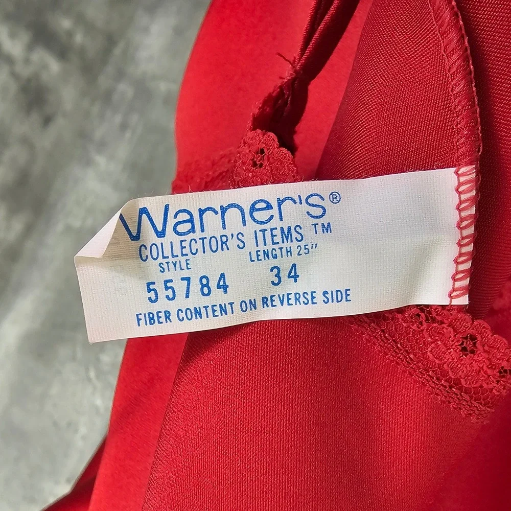 Vintage Warners Red Nylon Lace Slip‎ Dress Womens 34 Mini Chemise Nightgown USA